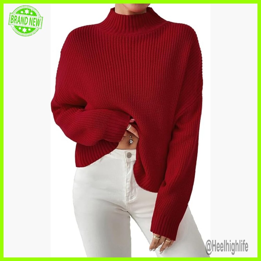 Cropped Mock Neck Sweater Ribbed Knit Pullover Loose Fit Lightweight